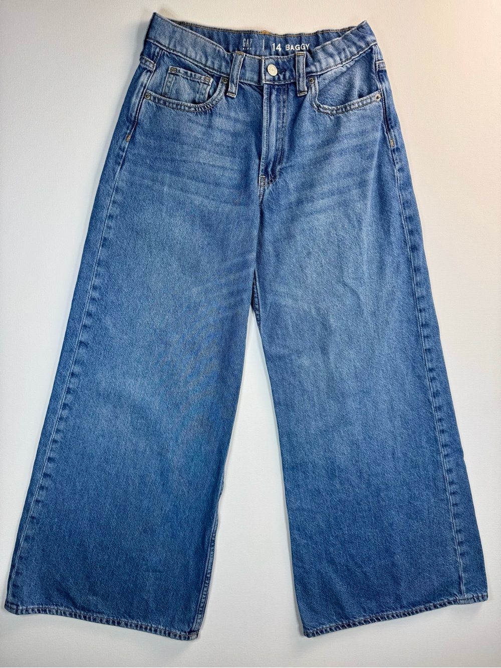 GAP KIDS Girls Baggy Wide Leg Denim Jeans Medium Wash Adjustable Size 14 Cotton